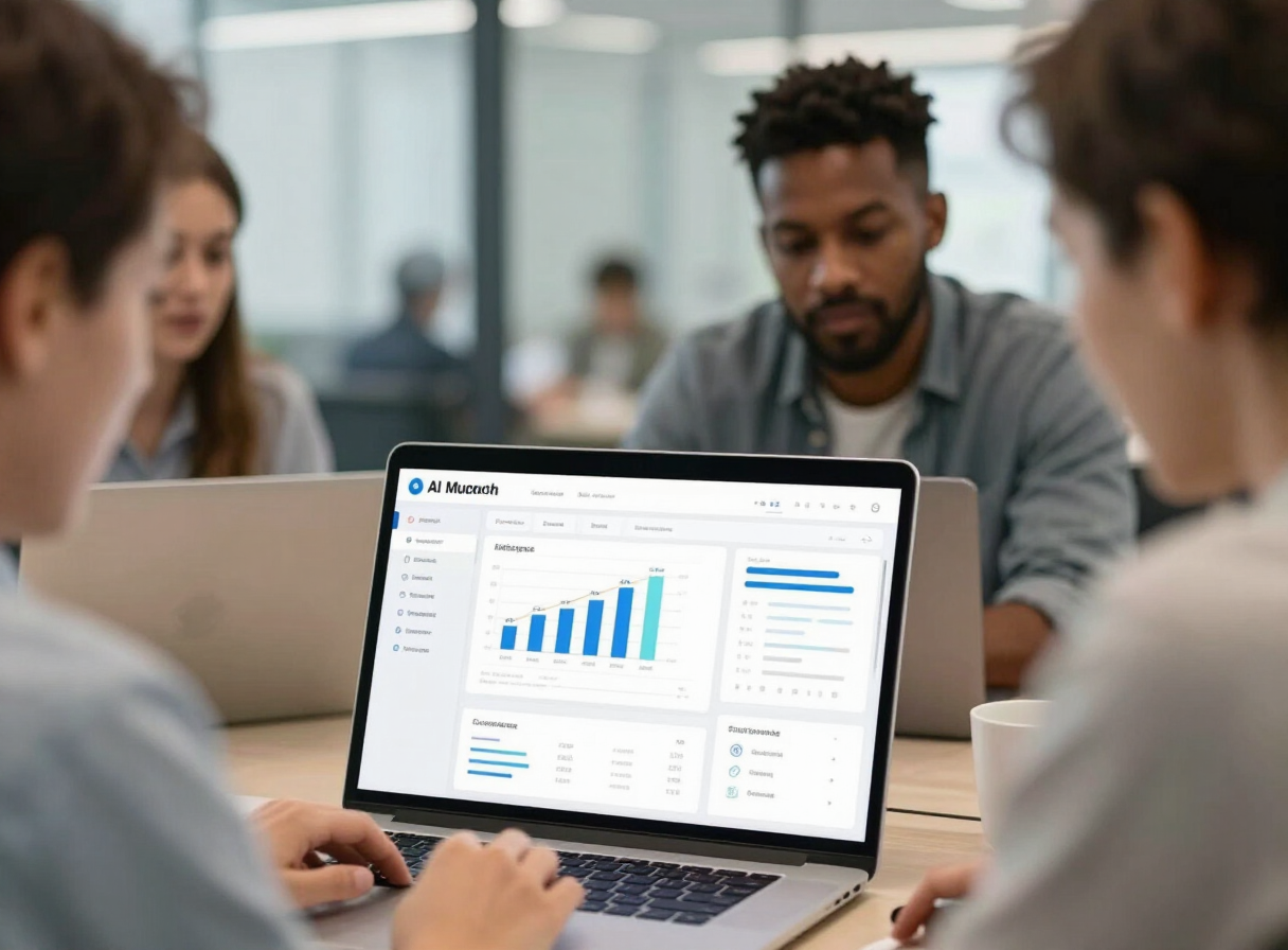 Team analysiert KI-Dashboard im Büro